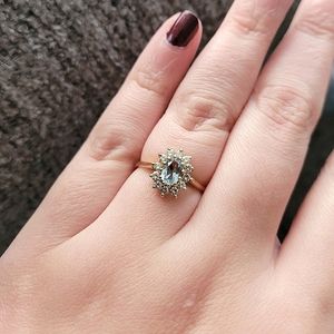 14k Yellow Gold, Aquamarine and Diamond Ring